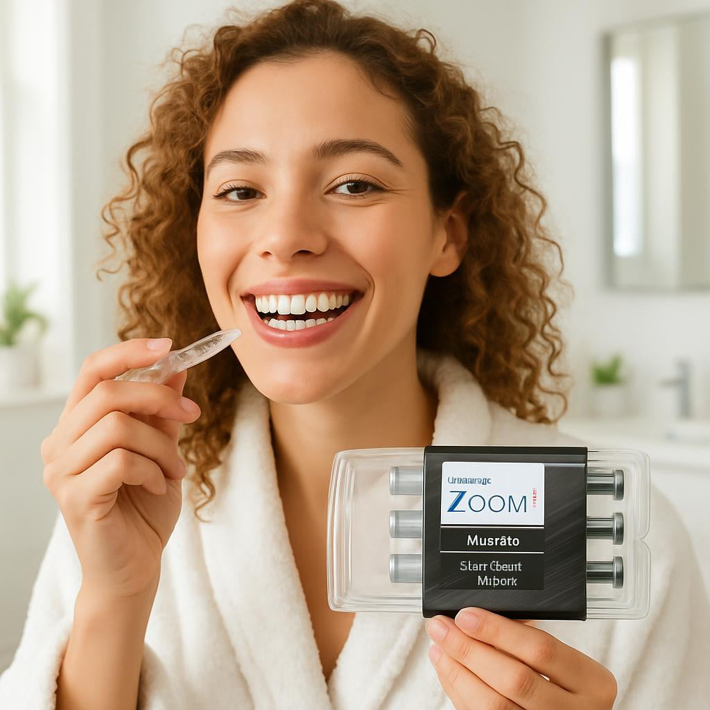 A lifestyle scene showing a smiling person in a bright bathroom, applying the Nite White gel with a focus on their radiant smile, emphasizing the product's whitening effects and peppermint flavor.