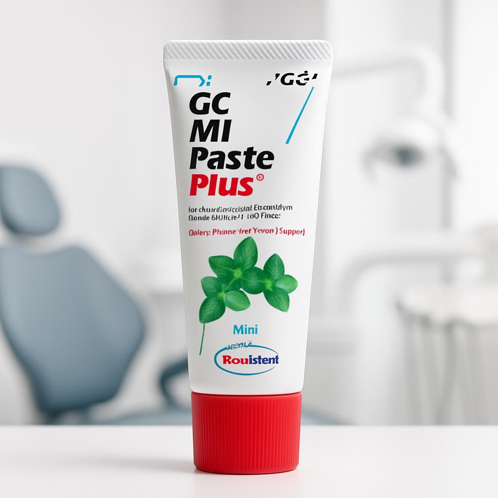 A close-up shot of GC MI Paste Plus tube with a clean, professional dental background, highlighting the product's sleek design and mint flavor label.