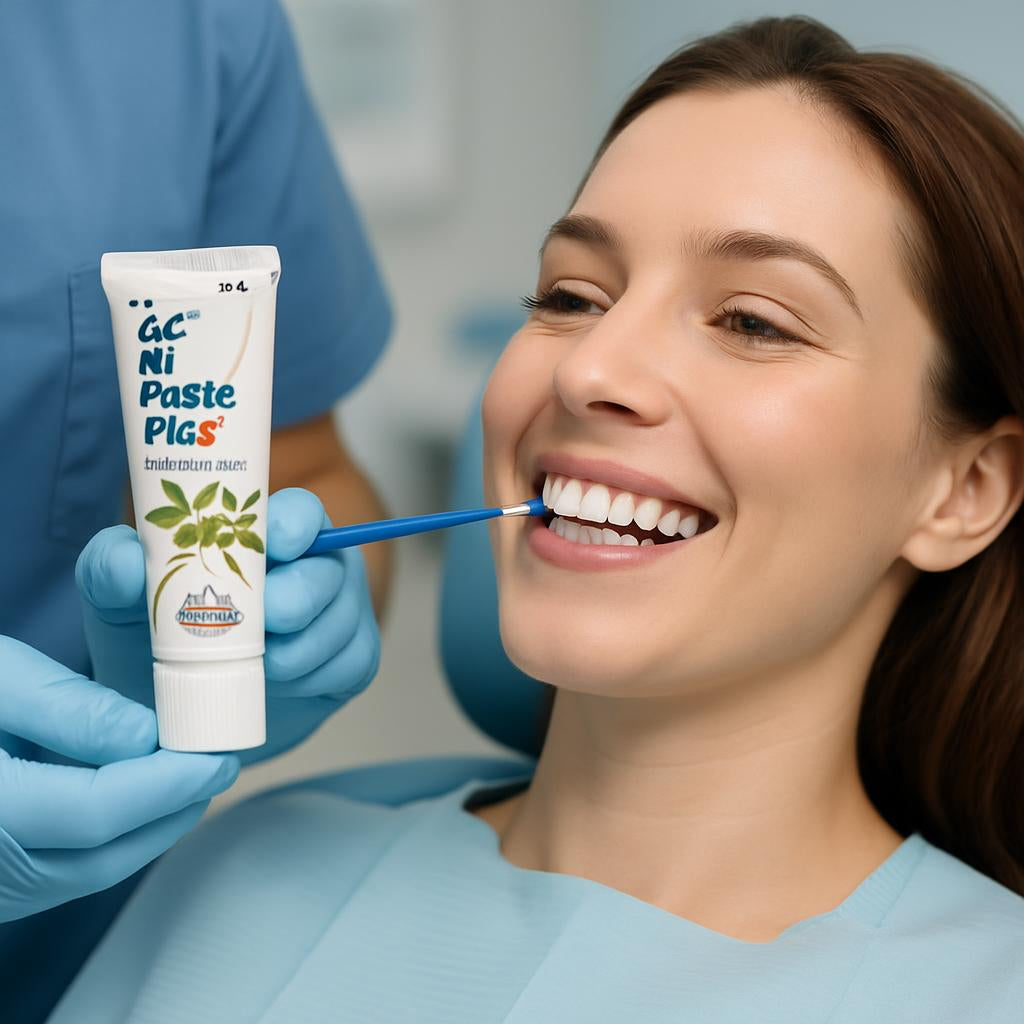 A lifestyle scene showing a smiling patient at the dentist's office, with a dental professional applying MI Paste Plus on their teeth, emphasizing dental care and cavity protection.