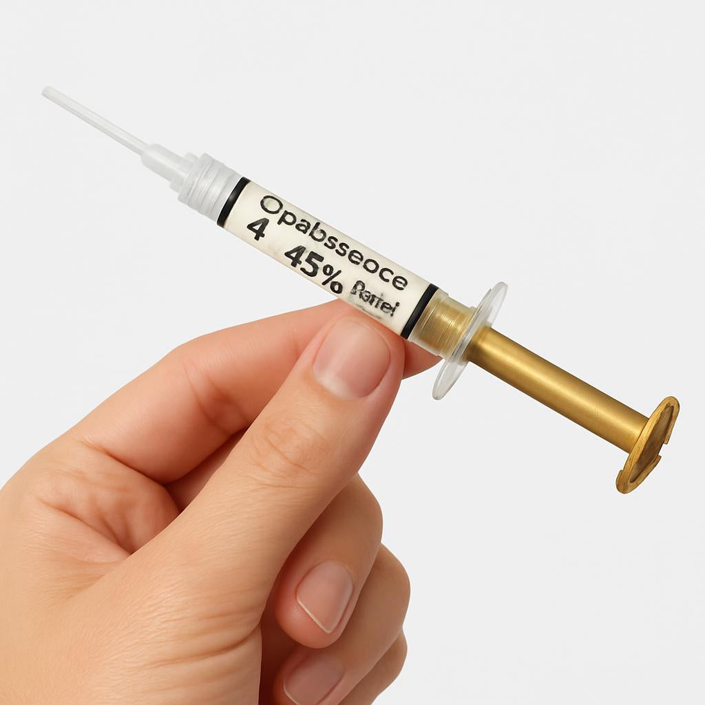 A close-up of a hand holding the Opalescence Quick PF 45% Mint 4pk syringes against a clean, white background, emphasizing the packaging and mint flavor details.