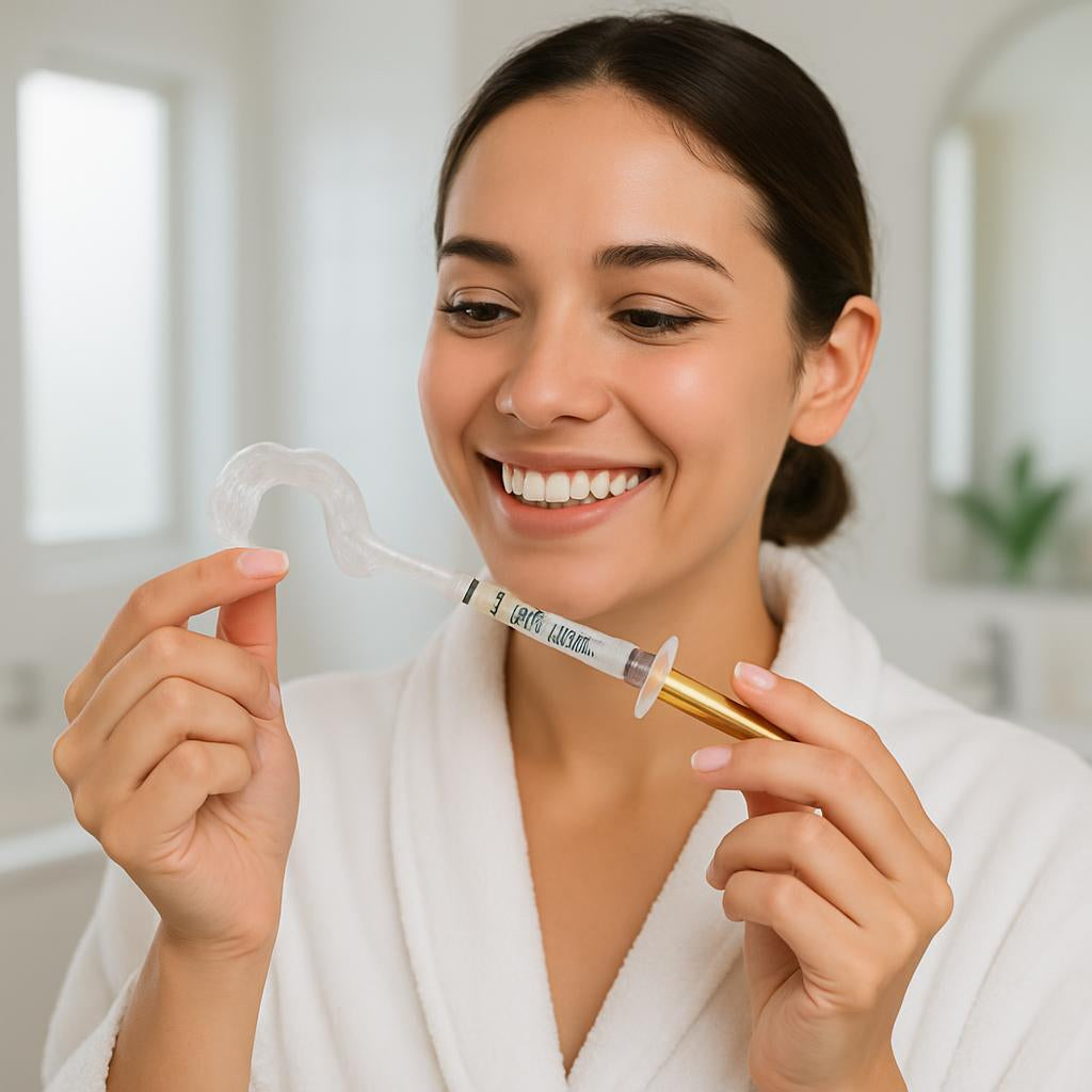 A lifestyle scene showing a smiling person in a bright, modern bathroom using the Opalescence whitening gel with a tray, highlighting confidence and freshness.